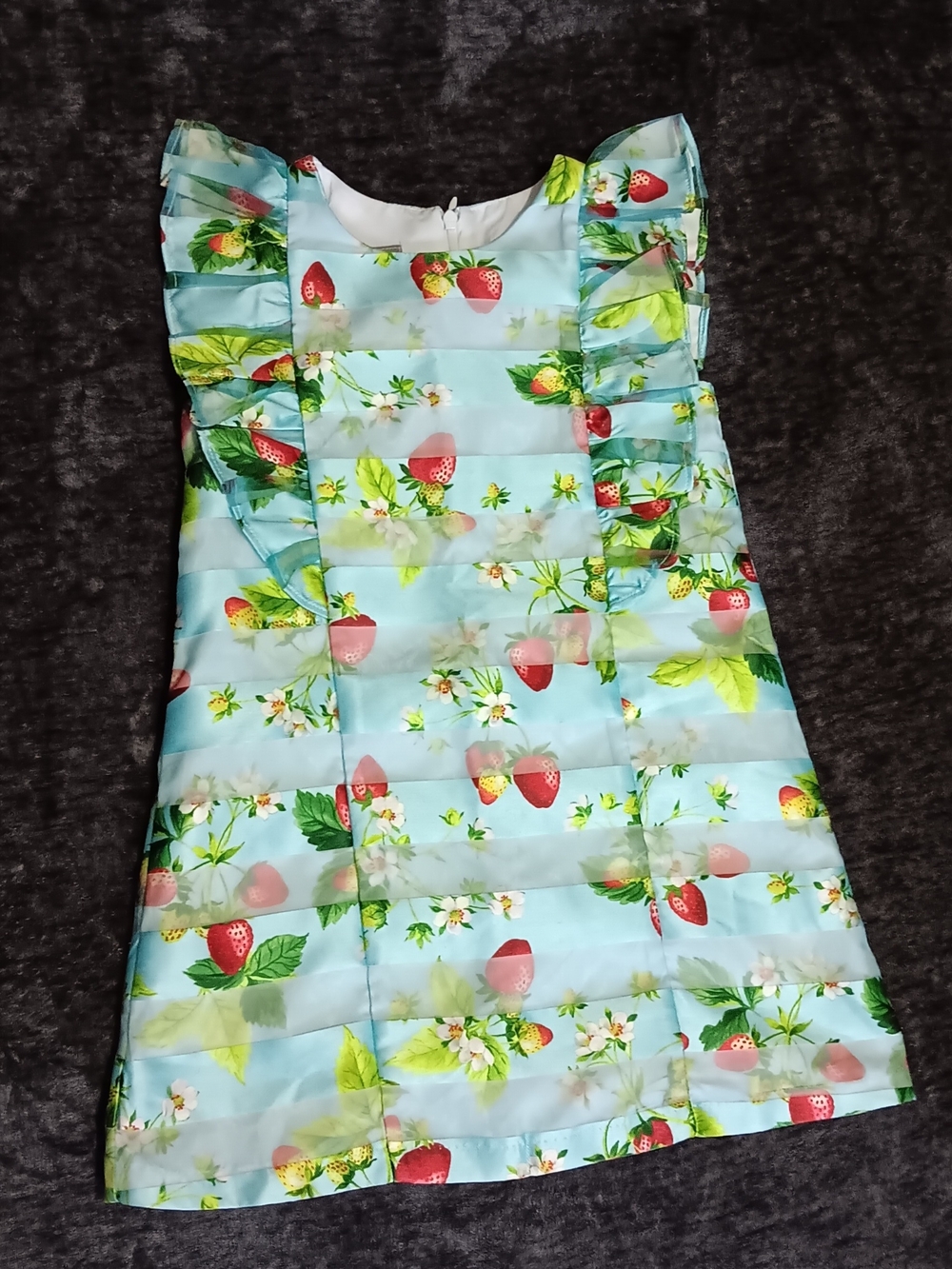 Pippa & Julie Aqua Blue/Red Strawberry Ruffle Sleeve A-Line Dress Girls Size 5